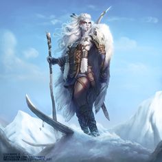 a woman with white hair and wings standing on top of a snow covered mountain