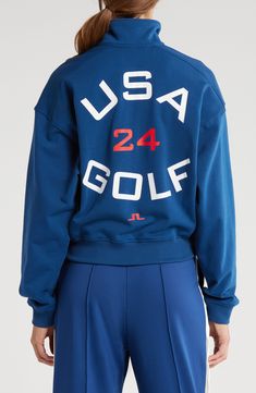 Graphics on both sides bring Team USA spirit to a sporty quarter-zip sweatshirt in a slightly cropped length. 22" length (size medium) Quarter-zip closure Stand collar Long sleeves Dropped shoulders Ribbed cuffs and hem 85% cotton, 15% polyester Machine wash, tumble dry Imported Logo Play, Athletic Clubs, J Lindeberg, Quarter Zip Sweatshirt, Team Usa, Zip Sweatshirt, Stand Collar, Quarter Zip, Top Brands