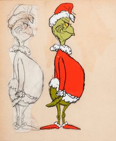 a drawing of an alien and a cat wearing santa claus's hats, standing next to each other