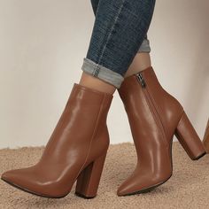 Elevate your style with these Classic Brown Chunky Heel Ankle Boots. Featuring a pointed toe and convenient zipper closure, these boots blend sophistication with everyday comfort effortlessly. Color: Brown Heel Type: Chunky heel Heel height: 4.72" / 120 mm approx Product measurements were taken using size 8. Please note that measurements may vary by size. Toe: Pointed toe Side zipper closure Handcrafted US sizing. Fits true to size. Female Boots Outfit, Brown Heeled Ankle Boots Outfit, Formal Boots For Women, Elegant Leather Boots, Brown Boots Outfit Ankle, Brown Heels Outfit, Brown Heel Boots, Brown Dress Boots, Classic Boots Woman