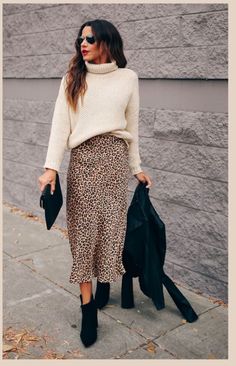 Cheetah Skirt Outfit Work, Autumn Outfits Skirt Midi, Leopard Midi Skirt Outfit Fall, Leopard Print Skirt Outfit Work, Slip Skirt Fall Outfit, Leopard Print Satin Skirt Outfit, Animal Print Skirt Outfit Winter, Autumn Evening Outfits