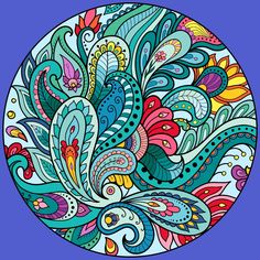 a colorful circular design with lots of flowers and leaves in the center on a blue background