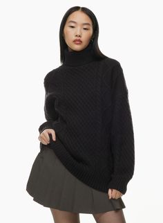 PEGGY TURTLENECK SWEATER | Aritzia Peggy Sweater, Long Black Sweater, Organic Cotton Yarn, Fitted Turtleneck, Comfortable Sweater, Cable Stitch, Fully Fashioned, Knit Turtleneck Sweater, Ribbed Turtleneck