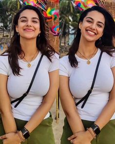 two pictures of a woman with her hands on her hips and smiling at the camera