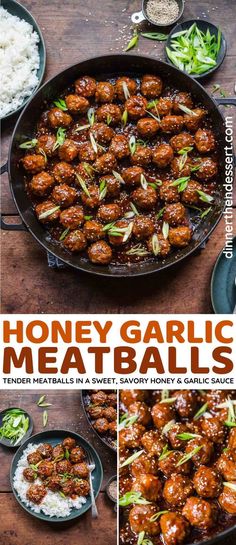 honey garlic meatballs in a skillet with rice and garnishes