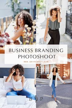 the business branding photoshoot is shown in four different pictures, including a woman sitting on a bed