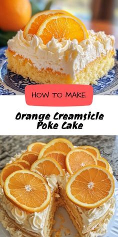 orange creamsice cake with white frosting and sliced oranges on the side