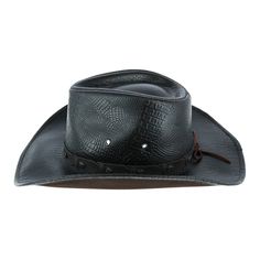 This is the epitome of a unique yet vegan western hat! The hat features a classic and chic crocodile embossing on the vegan leather. The hatband showcases a unique band with star brads and a tie in the back. It includes a soft lining, a sweatband, and eyelets for your comfort and best fit. Show your friends and family you're taking your fashion to the next level with this hat. Made of 65% Polyurethane, 35% Polyester Western Style Adjustable Black Hat, Adjustable Black Hat For Rodeo, Fitted Leather Hats For Western-themed Events, Fitted Leather Hat For Country Events, Fitted Leather Country Hat, Western Flat Bill Top Hat For Rodeo, Western Style Top Hat For Rodeo With Flat Bill, Western Style Flat Bill Top Hat For Rodeo, Western Leather Top Hat With Wide Brim