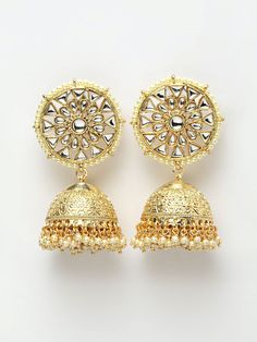 These gorgeous gold-toned round floral jhumki earrings come with kundan stone studs and off-white beads, are gold-plated, and secured with a post and back closure. These handcrafted dome jhumkis can be styled with any traditional outfit, or an evening outfit to complete a captivating look. Product color may vary based on the monitor or screen you are using.See FAQ for more details. Size Length: 8 cm Details Material: BrassStones: Kundan & Artificial BeadsPlating: Gold-plated Bollywood Brass Chandbali Jhumkas, Bollywood Style Brass Jhumkas With Intricate Design, Bollywood Style Brass Chandbali Jhumkas, Bollywood Style Brass Meenakari Jhumkas, Gold Kundan Jhumkas For Festivals, Gold Plated Round Jhumkas With Latkans, Round Gold Plated Jhumkas With Latkans, Bollywood Brass Jhumkas With Tilla, Brass Chandbali Jhumkas For Diwali