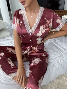 Burgundy Elegant Collar Short Sleeve  Floral Pant Sets Embellished Slight Stretch  Women Sleep & Lounge Night Gown Dress, Print Pant, Loungewear Luxury, Stylish Party Dresses, Nightwear Women