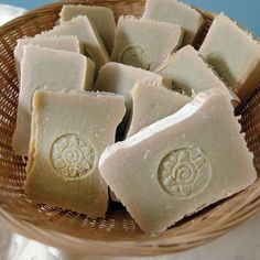 several pieces of soap in a wicker basket