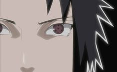 an anime character with black hair and red eyes