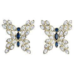 Vintage Valentino Gold Tone Crystal and Sapphire Blue Crystal Butterfly Earrings. There are Clear and Blue sapphire Color Crystals set in Gold tone to make these gorgeous classic earrings. Clip on. Just look at the detail and the thought that went into these gorgeous earrings. So Valentino. Blue Butterfly Earrings, Butterfly Vintage, Vintage Valentino, Crystal Butterfly, Classic Earrings, Sapphire Color, Christian Lacroix, Gold Crystal, Elizabeth Taylor