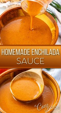 homemade enchilada sauce is being poured into a bowl