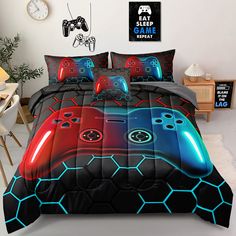 PRICES MAY VARY. 【Size】5 Pieces gaming bedding set twin size include:1 Comforter：68 x 86 inches/173 x 218 cm; 1 Fitted Sheet：39 x 75 x 16 inches /100x190x40cm, 1 Flat Sheet：66 x 96 inches/167x243cm,1 Pillow Case：20 x30 inches / 50x75cm,1 Cushion Cover：19x19 inches /46x46cm 【Material】 Fabric is made of microfiber.Comforter filling is polyester. Extremely soft material keeps you warm and cozy for all seasons. 【Design】Unique Design:Game console pattern for gamer bedding, the comforter color will be Gamer Bed, Gaming Bed, Boys Bed, Video Game Room Decor, Full Size Comforter, Southern House, Gamer Room Decor, Resume Help, Twin Bed Sets