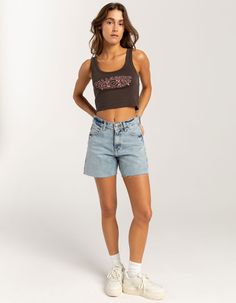 BILLABONG Throwback Hibiscus Womens Crop Tank Top - OFF-BLACK | Tillys Summer Tank Top For Beach, Casual Short Crop Top For Vacation, Casual Short Length Tank Top For Summer, Casual Short Length Crop Top For Vacation, Trendy Tops For Beach Season, Trendy Short Length Tops For Beach Season, Off Black, Billabong, Crop Tank