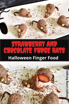 strawberry and chocolate fudge cakes on a white plate with the title overlay reads, strawberry and chocolate fudge bars halloween finger food