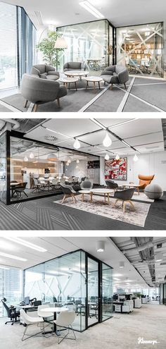 three different views of an office building with glass walls and furniture in the center, from inside to outside