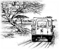 a black and white drawing of a van driving down the road next to a tree