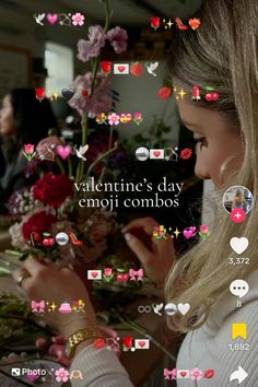 the girl is looking at flowers and texting on her cell phone to say, valentine's day emoj combos