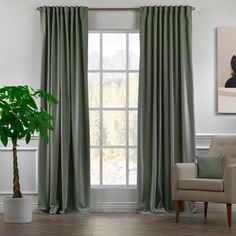 a living room with a couch, chair and potted plant in front of the window