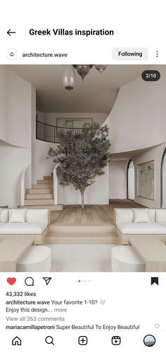 the instagram page shows an image of a living room with white furniture and stairs