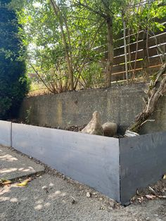 a concrete planter with two birds in it