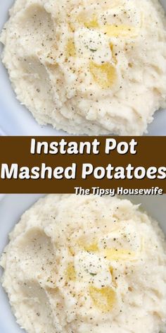 instant pot mashed potatoes in a white bowl on a blue plate with text overlay