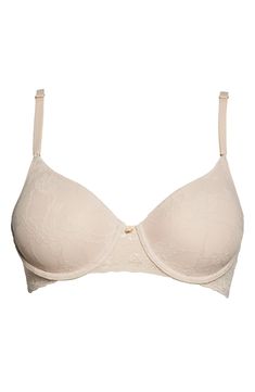 Comfort meets practicality on this stretch-lace covered bra featuring a supportive underwire and foam pads that disappear under clothes. 84% nylon, 16% elastane Hand wash, line dry Imported Padded Lace Underwire Bra, Feminine Padded Underwire Bra, Feminine Stretch Bra With Padded Cups, Feminine Seamless Push-up Bra, Beige Lace Push-up Bra, Feminine Fitted Seamless Nursing Bra, Fitted Seamless Feminine Nursing Bra, Feminine Push-up Bra With Medium Support, Rose Beige