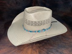 "1/2\" wide All bead work is beaded with 10lb extreme braided nylon line. All hat bands are finished at 23\" with glued than sewed down leather ends and an adjustable leather tie." Aztec Hat, Beaded Hat Bands, Beaded Hat, Feather Hat, Bead Loom Bracelets, Pink Hat, Blue Hat, Black Feathers, Bead Loom Patterns