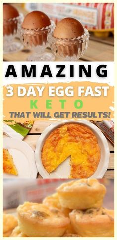 three egg fast keto breakfasts with eggs in the background and text overlay reading amazing 3 day egg fast keto that will get results