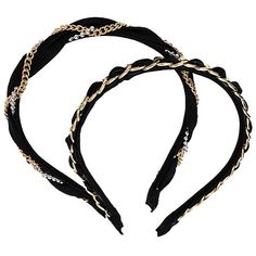 Anything but understated, this pair of black headbands from scunci can be worn together or separately. One is topped with a gold-tone metal chain, the other with an intertwining gold-tone chain and rhinestone strand. Use them to hold back hair or to elevate your holiday look. Made in China Black Headbands, Hair Care Gifts, Black Headband, 1940s Dresses, Holiday Looks, Beauty Gift, Metal Chain, Gold Tone Metal, Gold Tones