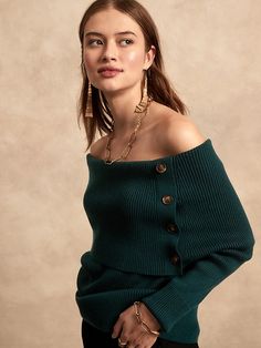 Off-the-Shoulder Sweater | Banana Republic Banana Republic Sweater, Knit Stitch, Ribbed Knit Sweater, Teal Green, Shoulder Sweater, Off Shoulder Blouse, Knit Sweater, Sweater Top, Banana Republic