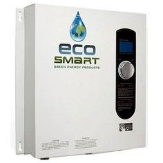 an eco smart tankless water heater with the logo eco smart on it's side