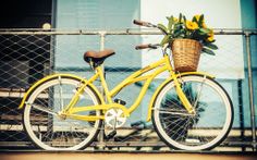 a yellow bicycle parked next to a fence with sunflowers in the back basket