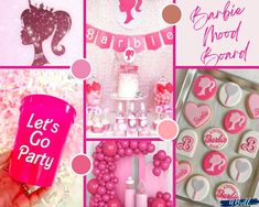 a collage of photos with pink and white items in the center, including cookies, cupcakes, balloons, letters, and decorations