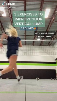 a woman running in a gym with the words 3 exercises to improve your vertical jump