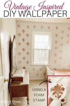 the inside of a room with wallpaper on it and an image of a window