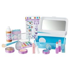 Perfect for mess-free imaginative play, THIS SET DOES NOT CONTAIN REAL COSMETICS. The 16-piece play set gives kids everything they need to play makeup artist and to practice daily skin care and makeup routines! Application brushes and play accessories for eyes, lips, and face, including an empty "foundation" pump bottle, compacts for pretend blush, powder, and glitter, pretend gloss and lipsticks, and a play eye shadow palette, let kids imagine different looks. Accessories look real but are toys Pretend Makeup, Makeup Kit For Kids, Play Makeup, Melissa And Doug, Makeup Wipes, Pump Bottle, Pretend Play Toys, Melissa & Doug, For Eyes