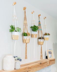 some plants are hanging on the wall near a fire place and potted plant holders