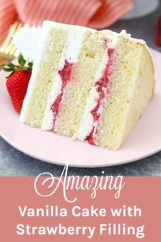 a slice of vanilla cake with strawberry filling on a plate