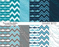 six different patterns with fish on them in blue and gray colors, each featuring an abstract chevron pattern