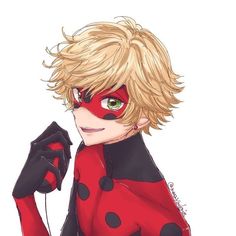 a ladybug girl with blonde hair and green eyes is dressed in black and red