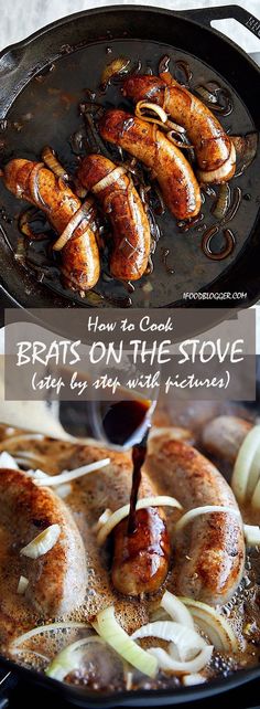 brats on the stove with onions being poured over them in a cast iron skillet