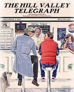 an advertisement for the hill valley telegraph featuring two people sitting at a bar with a dog