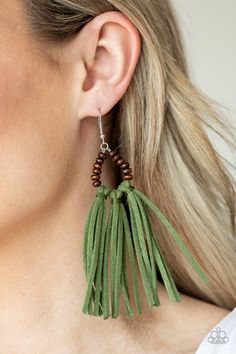 A trio of green suede tassels are knotted in place at the bottom of a wooden beaded frame, creating an earthy fringe. Earring attaches to a standard fishhook fitting. Trendy Fringe, Beaded Frame, Fringe Earring, Colorful Frames, Natural Contour, Earrings Trendy, Suede Tassel, Ball Necklace, Paparazzi Accessories