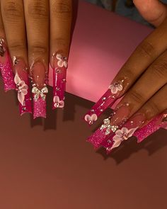 Nail Ideas Cute Design, Blinged Nails Rhinestones, Pink Quince Nails Long, Hot Pink Quince Nails, All Pink Acrylic Nails, Hot Pink Baddie Nails, Pink And Red Nails Acrylic, Pink Nails Long Square, Hot Pink Long Nails