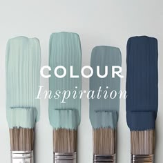 four paintbrushes with different shades of blue, green and brown in the same row