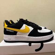 Air Force 1 '07 Lv8 'Athletic Club Black University Gold' Dh7568 002 Brand New, Missing Box Black Nike Sneakers With Logo Print, Yellow Logo Print Sneakers For Streetwear, Nike Air Force 1 Running Shoes, Black Nike Air Force 1 Sporty Round Toe, Nike Air Force 1 Sporty Shoes, Nike Air Force 1 Sporty Running Shoes, Breathable Nike Air Force 1 Casual Sports Shoes, Sporty Nike Air Force 1 Lace-up Breathable, Sporty Nike Air Force 1 Breathable Lace-up