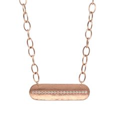 The 14k gold MOLY bar necklace is one of our best sellers! You will love the statement that this wide horizontal bar with a hammered, satin finish and a strip of paved set white diamonds makes in this necklace. Attached 14k gold chain is 6.0mm oval link chain at 16" in length. Be sure to check out the matching MOLY bracelet - the perfect compliment together! Full cut round white diamonds, approximately .45 ctw Dimensions are approximately 47mm x 13mm Designed and hand forged in our studio in coa 14k Gold Bar Necklace, California Colors, Gold Bar Necklace, Color Swatch, Gold Bar, Rose Gold Necklace, Precious Gemstones, White Diamonds, Bar Necklace